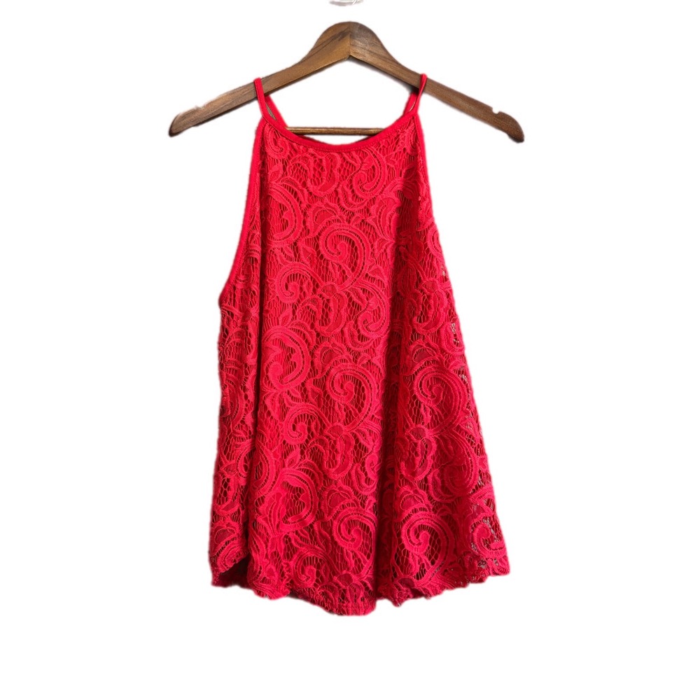 Lace Halter Tank Top Women Red Excellent Boho Spaghetti Strap Camisole Size L
